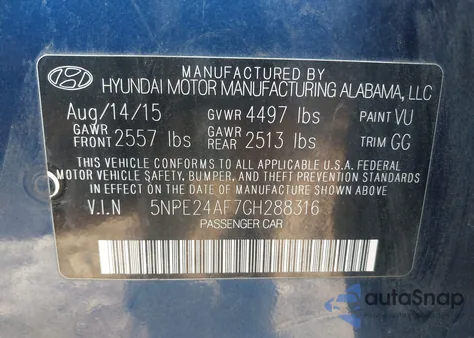 2016 Hyundai Sonata Se from USA, damaged, VIN 5NPE24AF7GH288316